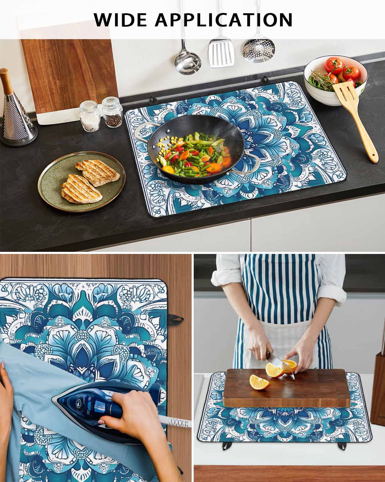 nqOlkjepod Large Induction Cooktop Protector Mat 24"x21", Teal Blue Floral Boho Stove Top Covers for Electric Stove, Abstract Tribal Ethnic Flowers Stove Burner Cover Mats, Glass Top Stove Cover