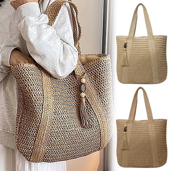 Women's Woven Straw Beach Tote Bag Boho Summer Shoulder Handbag with Tassel for Travel