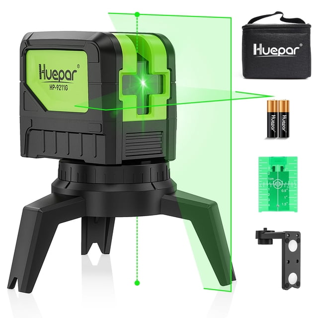 Laser Level with 2 Plumb Dots - Huepar 2 Plumb Points and 2 Cross Line Alignment Laser Level Tool with 180° Wide Angle, 2 In 1 Multi-Use Green Pl