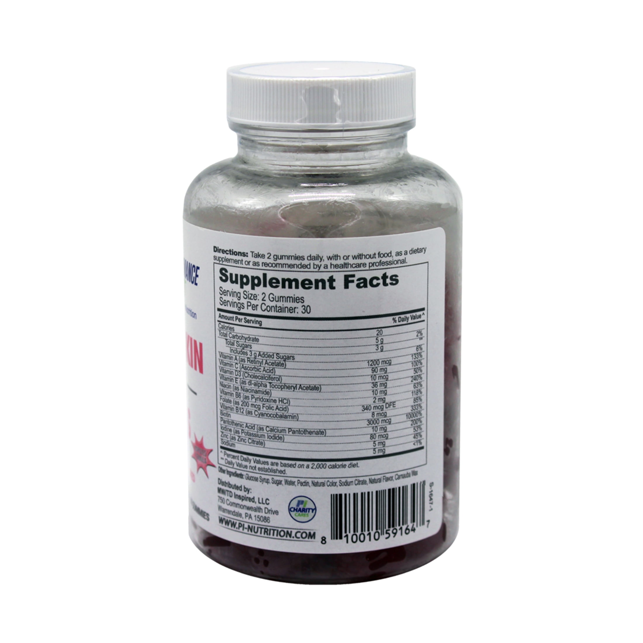 Performance Inspired Nutrition - Hair, Skin & Nails Multivitamin Gummy - Biotin - 60 Count - Raspberry Flavor
