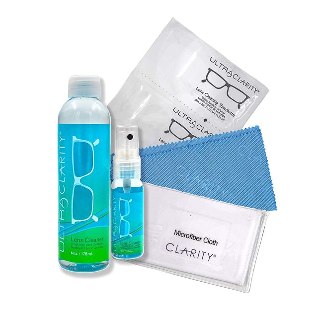 Ultra Clarity Lens Cleaner Kit Includes 1 oz Spray Bottle, 6 oz Refill Bottle, Soft & Hard