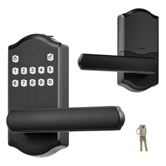 KFFKFF Keyless Entry Door Lock with Handle, Electronic Door Lever with Keypad, Programmable User Codes, Keyed Access, Auto Locking, Privacy Password Protection, Illuminated Keypad