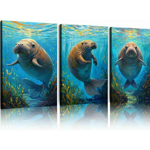 Hieng Modern Classic Art Canvas Print Manatee Canvas Large Oil Painting Animals Artwork Manatee Wall Art Nursery Decor Unframed