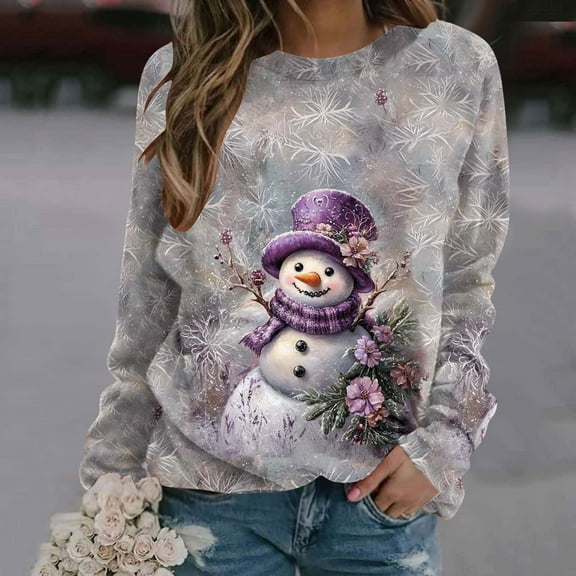 HOMBOM Womens Crewneck Sweatshirts Gray Merry Fleece Christmas Snowman Xmas Sweatshirt for Ladies Hoodless