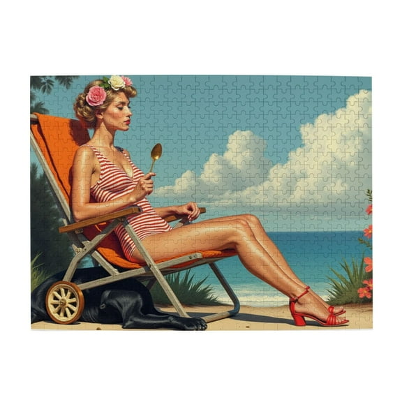 500 Piece Jigsaw Puzzles For Adults Beach Scene With Woman In Striped Swimsuit And Dog Relaxing And Challenging Puzzle Game， Unique Artwork， Great Gift Idea