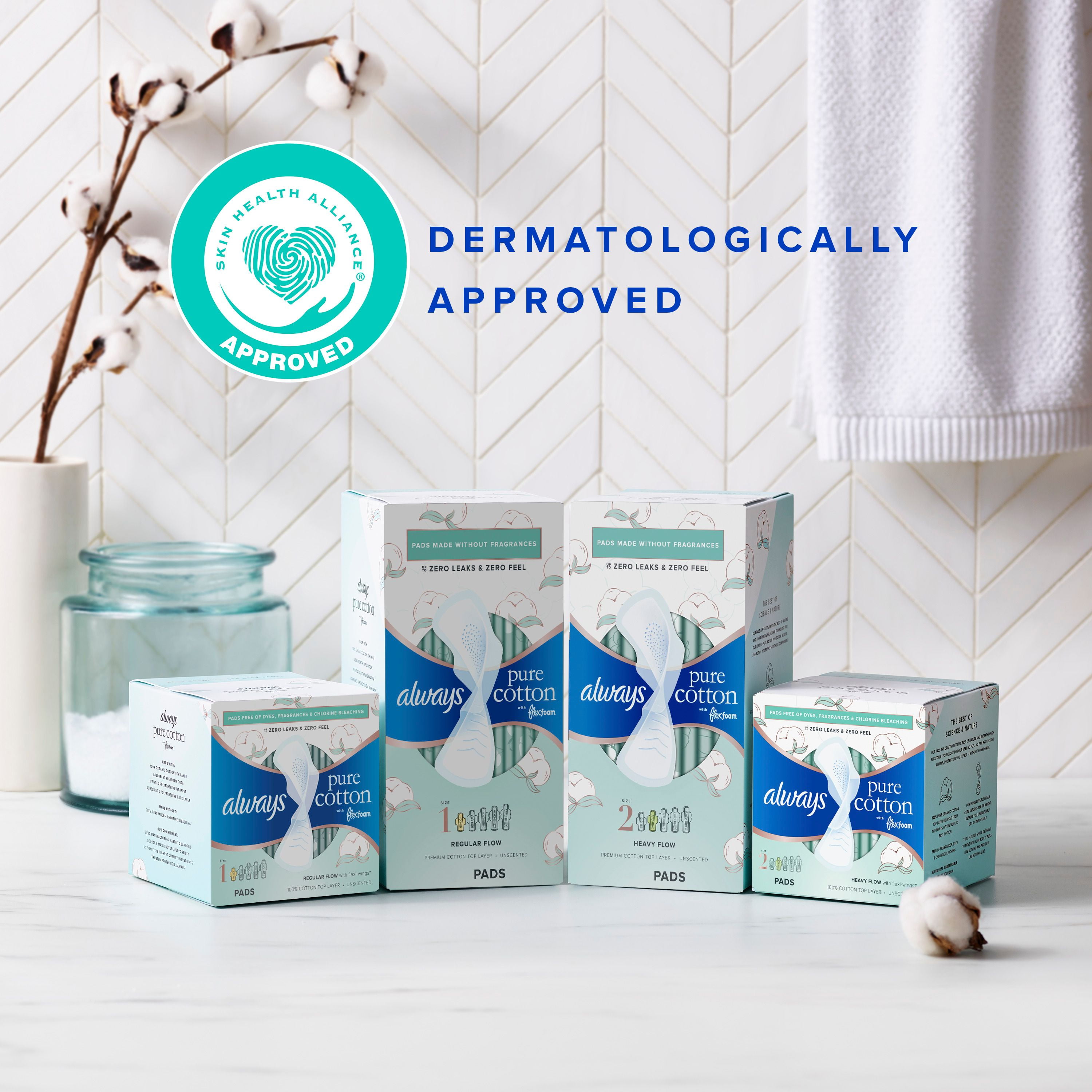 Serviettes féminines Always Pur coton pour femmes, serviettes avec ailes Flexfoam, taille2, degré d’absorption abondant, non parfumées, 24serviettes 24CT