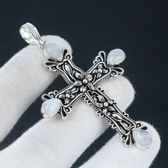 Rainbow Moonstone Cross Pendant 925 Sterling Silver Polished Handmade Gemstone Jewelry