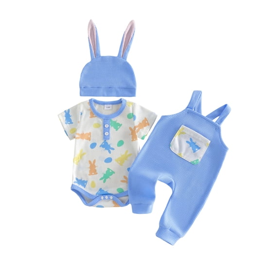 Cenuakty Easter Baby Boy 3 Piece Outfits Adorable Rabbit Print Short Sleeve Round Neck Jumpsuit and Overalls Hat Set