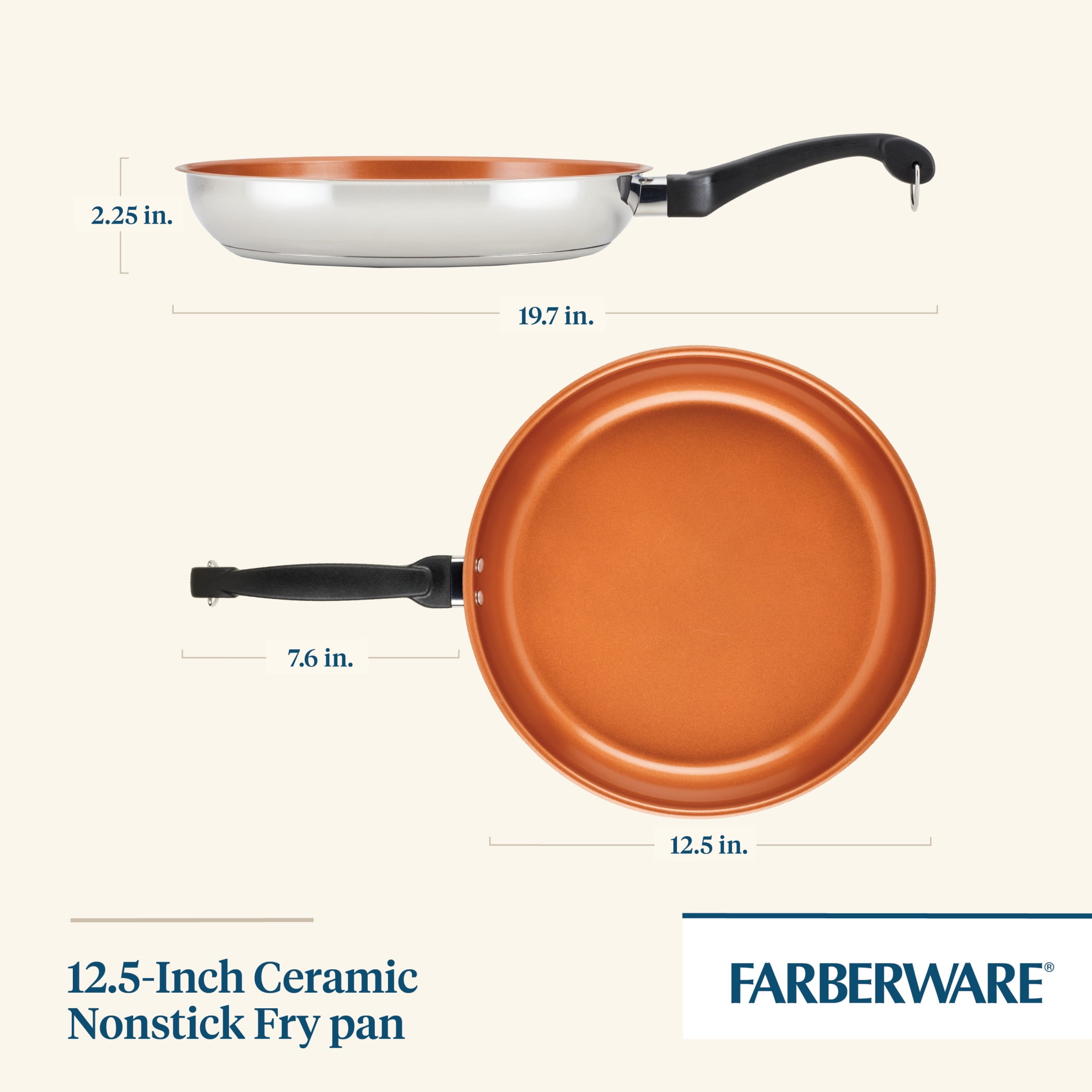 Farberware Classic Traditions 12.5 Inch Ceramic Nonstick Frying Pan, Induction Compatible, Metal Utensil Safe, Dishwasher Safe, Stainless Steel