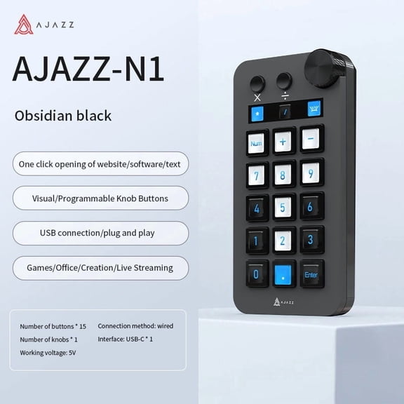 AJAZZ N1 Programmable Macropad, 15 Custom Macro Keys with Rotary Knob, USB‑C Wired Visual Control Panel for Streaming, OBS, Content Creation, Office Work