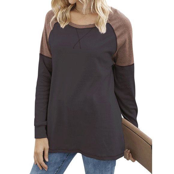 Women Colorblock Side Split Round Neck Raglan Long Sleeve Shirt