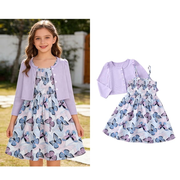 Casual Dresses for Girls Spaghetti Strap Butterfly Print Midi Dress and Knit Cardigan Two Piece Set Girls Clothes 9-10 Years