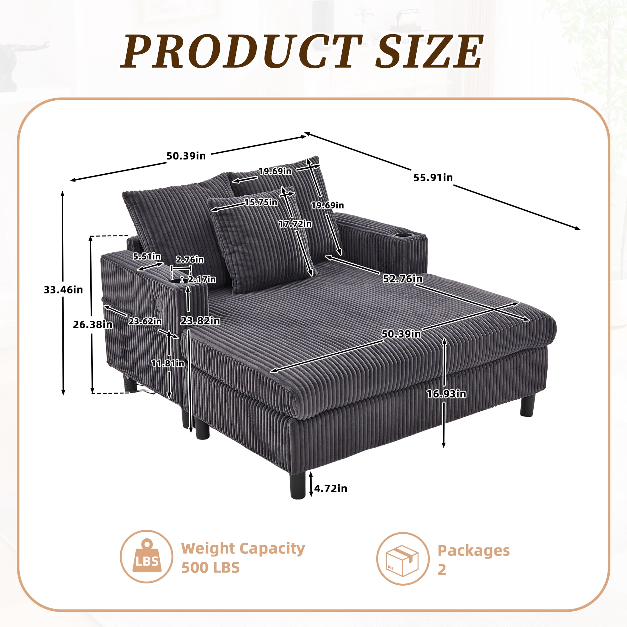 MOONMISS Corduroy Upholstered Oversized RGB LED Light Recliner Sofa Bed with Cup Holder,USB&3 Pillows-Dark Grey