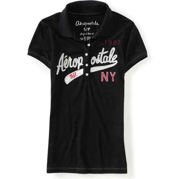 Aeropostale Mujer 1987 Atl. Polo de 5 botones Ny, negro, talla extra pequeña