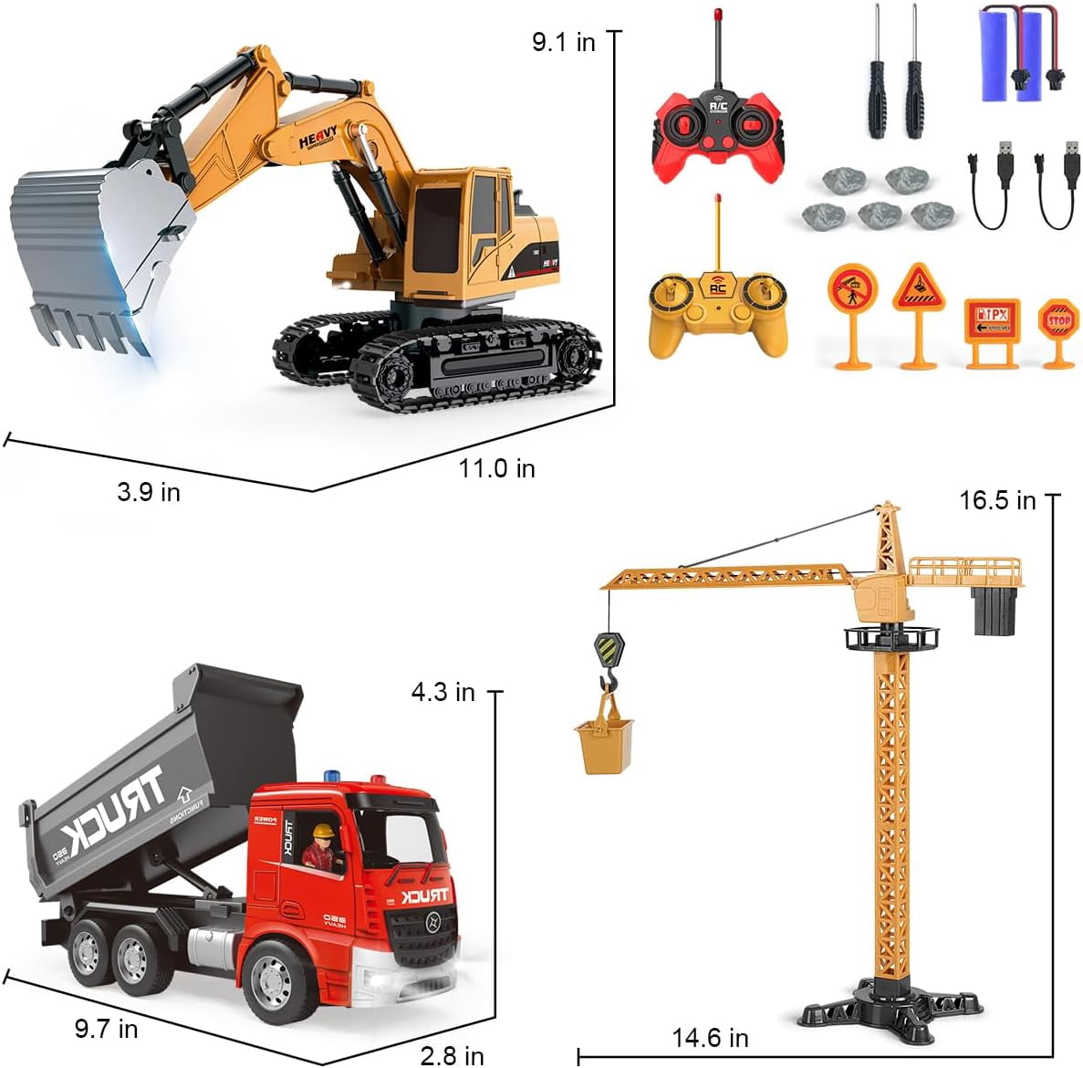 Remote Control Excavator Transporter Playset, RC Dump Truck with Crane, Electronic Construction Vehicles Toy for Boys Kids