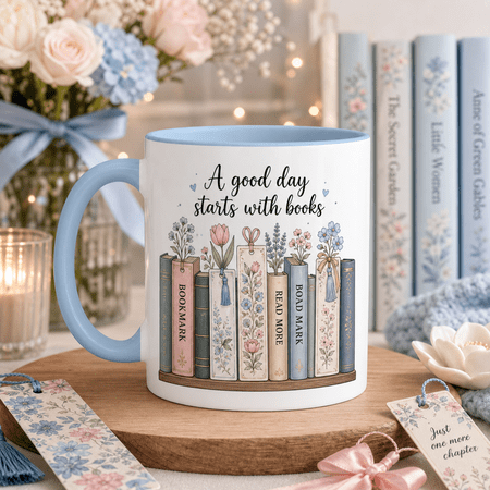 Pottery Mug Floral Bookshelf Bookmark Design for Coffee and Tea Book Lovers