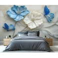 thumbnail image 3 of Relief White Flowers Mural Wallpaper, Blue Butterfly Wall Mural, Marble 3D Murals, Modern Light Luxury Marble Texture Large Wallpaper For Living Room Bedroom 55"W x 28"H (Not Peel and Stick), 3 of 6