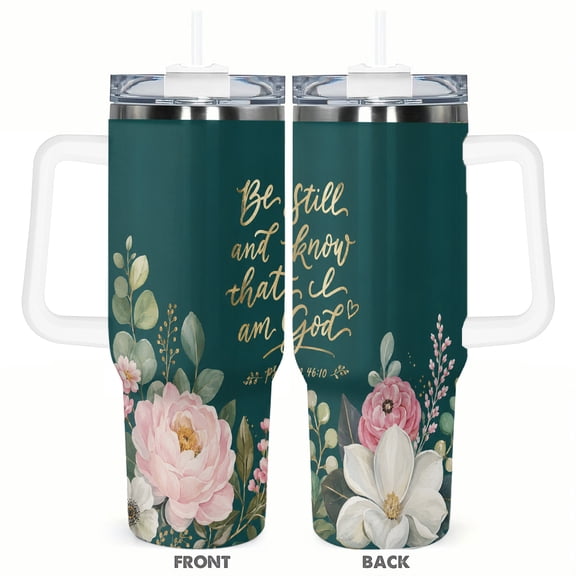 40oz Christian Floral Tumbler with Handle and Straw Psalm 46 10 Inspirational Stainless Steel Insulated Travel Coffee Cup Gift for Women