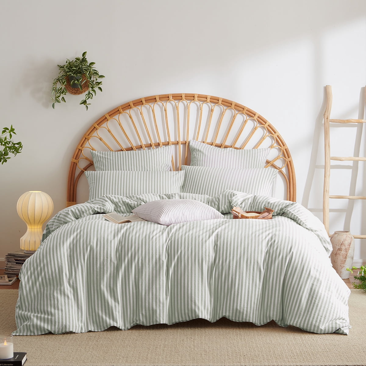 JOLUSERE 100% Organic Cotton Striped Duvet Cover King Set, 3-Piece Linen Like Textured Breathable Bedding Cover(Sage Green& White Classic Stripes)