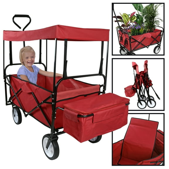 Geniqua Red Utility Collapsible Folding Wagon Cart w/Canopy Garden Beach Toy Sport Buggy