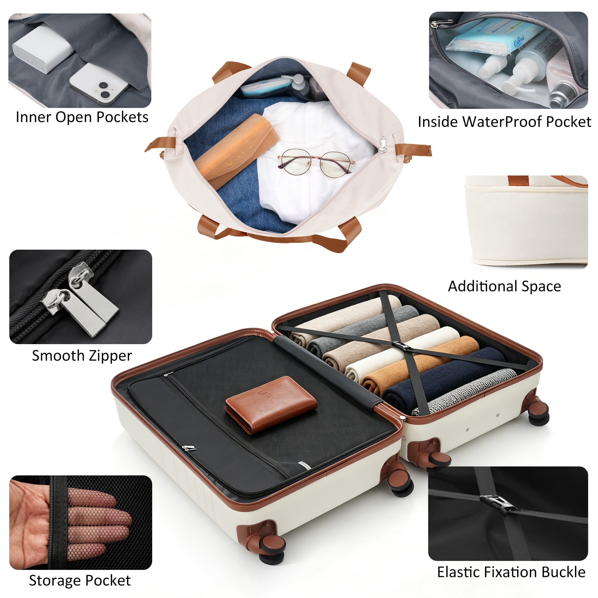 Euroco 2 Piece Luggage Sets Front-Opening, 20" Carry On Luggage with Cup Holder, USB Charging Ports,TSA Lock & Spinner Wheels,ABS Hardshell Lightweight Suitcase Set for Travel,Ivory