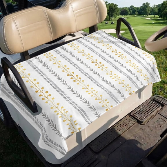 Eclectic Stripes Golf Cart Seat Covers, Rustic Yellow Dashed Lines Shabby Chic Gray Leaf Soft Breathable Club Car Golf Cart Cover Towel Blanket for 2 Seater Accessories 51x31in