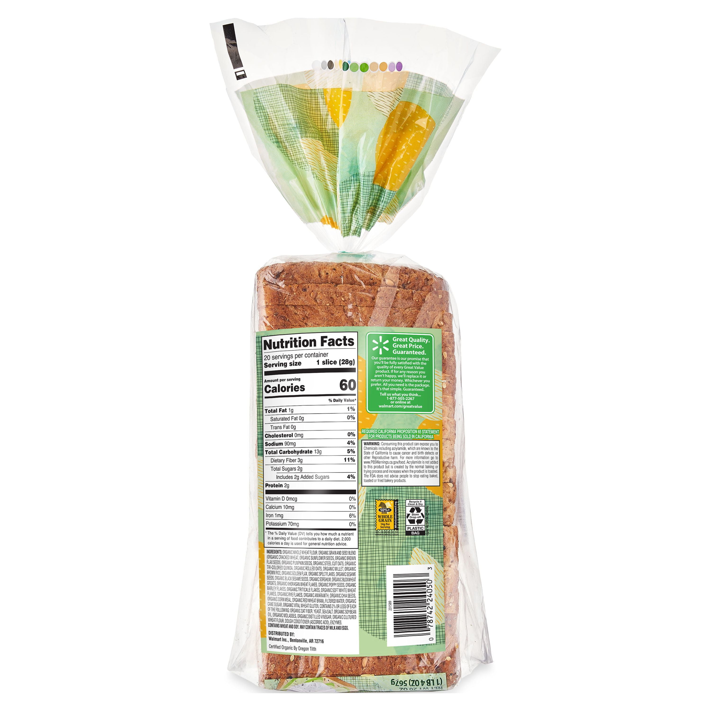 Great Value Organic Multi-Grain & Seeds Thin-Sliced Bread, 20 oz