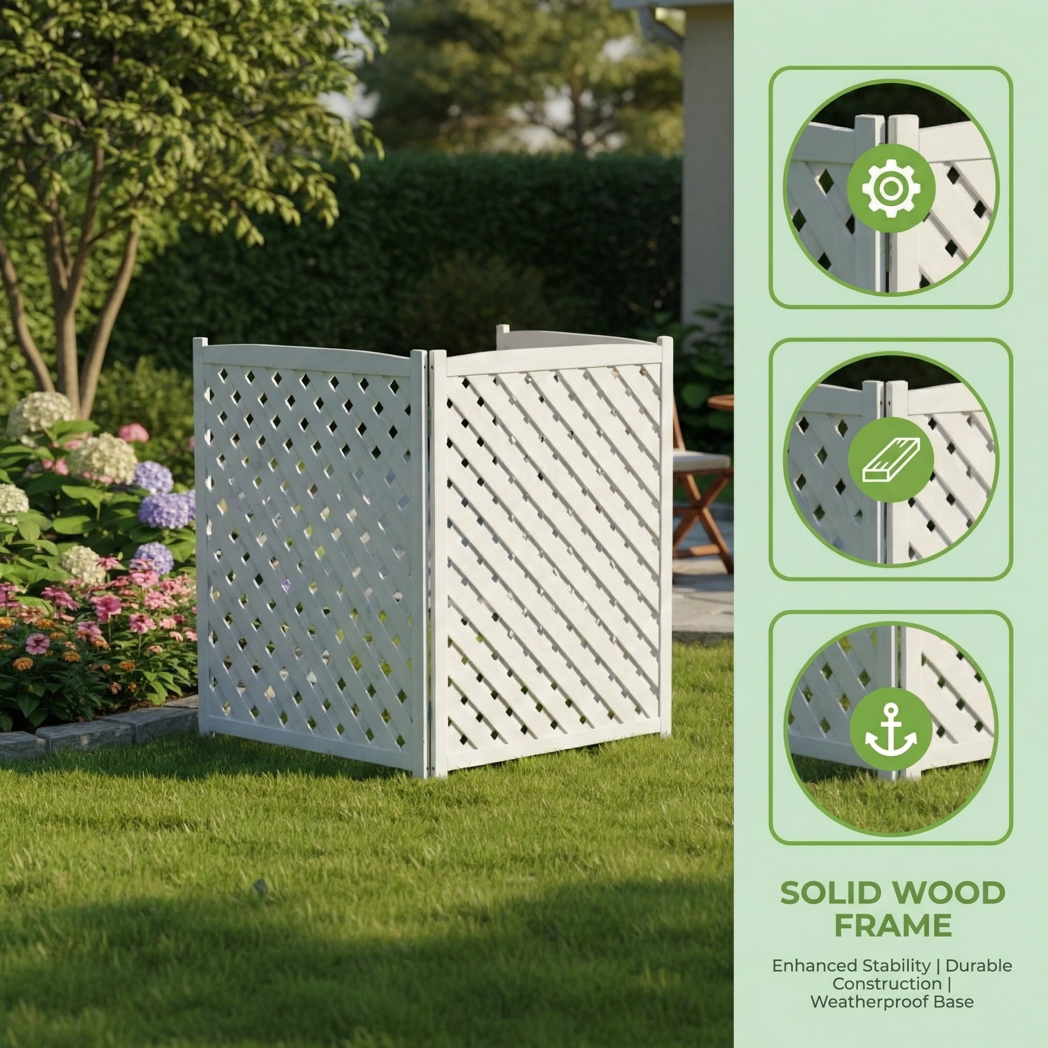 Outdoor Wood Privacy Fence 3-Panel 32W x 38H, Solid Wood Air Conditioner Screen with Slat Spacing for AC Unit Trash Can Pool Pump Enclosure, White
