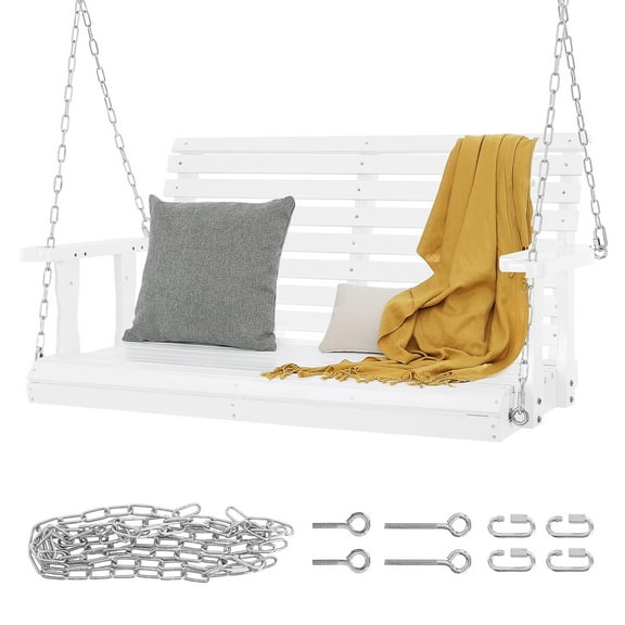 KFFKFF Outdoor Swing Bench 4ft, Garden and Courtyard Wooden Patio Swing, Enhanced 880 lbs Capacity, Durable Outdoor Bench Swing with Chains, White
