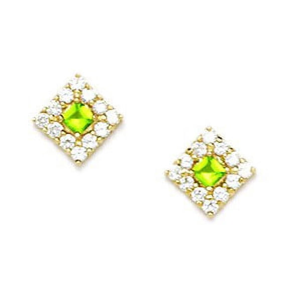 14k Yellow Gold August Green 3x3mm CZ Kite Shape Screw-Back Earrings - Measures 9x9mm