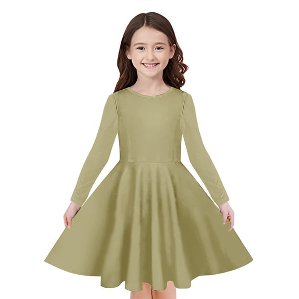 Odeerbi Niñas Manga Larga A-Vestido de Manga Larga Para Niñas Vestido Acampanado de Primavera Vestido Elástico de Colores Sólidos Vestido de Patinadora Twirly Vestido de Recital Escolar