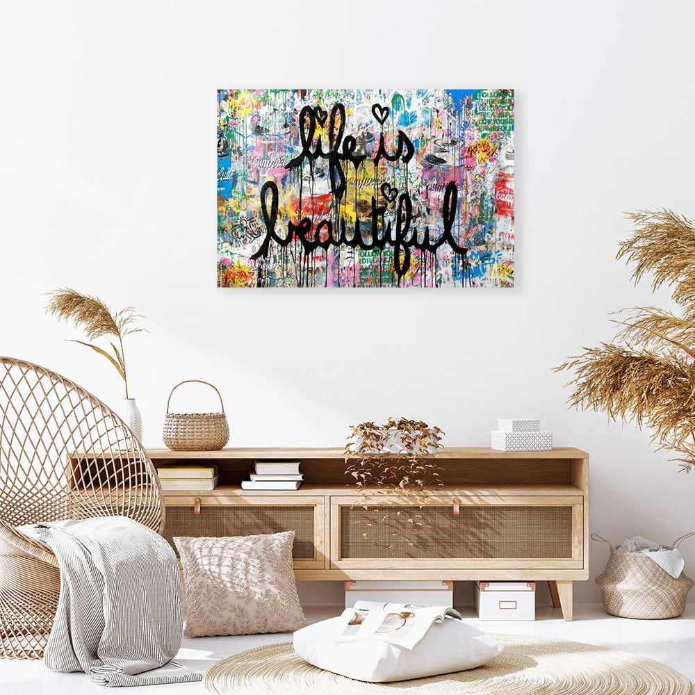 Banksy Canvas Wall Art Life is Beautiful Graffiti Abstract Painting Posters and Prints for Home Decor Living Room Office, Framed Ready to Hang(40" W x 30" H，Framed)