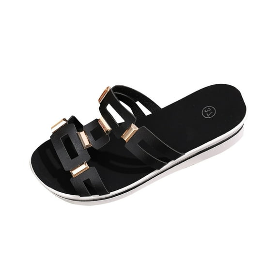 RUIYANQI Women's Chain Decor Platform Sandals Open Toe Wedge Slides Trendy Summer Footwear Comfortable Slip On Beach Party Shoes Black Women Sandal