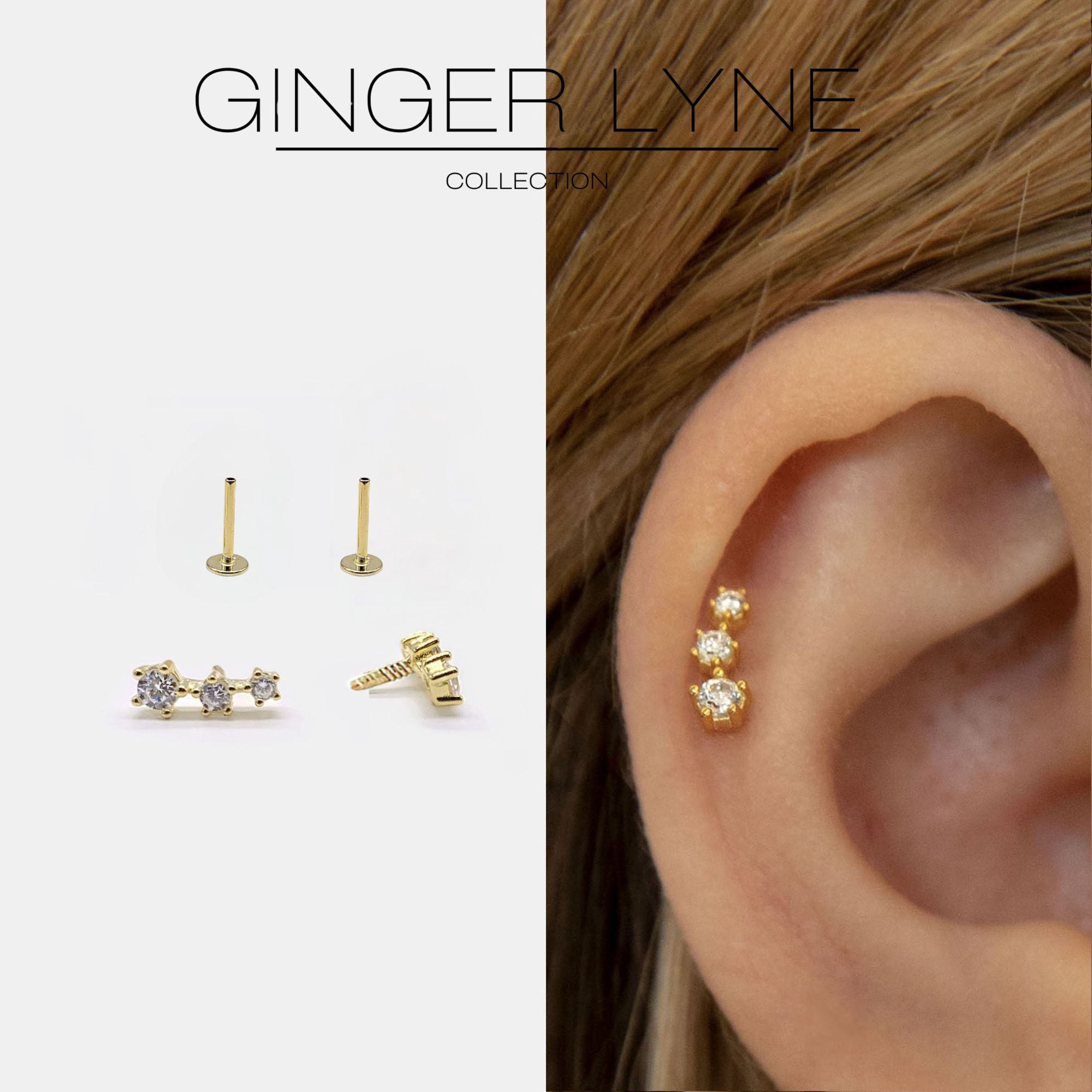 Graduated CZ Flat Back Earrings for Women Sterling Silver 18G 6mm Cartilage Helix Upper Lobe Body Piercing Ginger Lyne