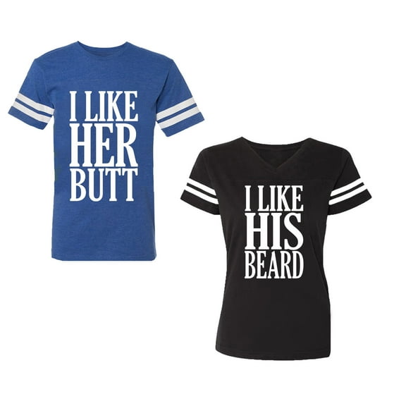 I Like Her But His Beared Unisex Couple Matching Cotton Jersey style T-Shirt Contrasting stripes on sleeves (Men Royal / Women Black) (Men S / Women S)
