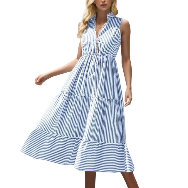 Gibobby Vestido Mujer Casual de Playa Verano Vestido a media pierna con volantes en capas a sin mangas para mujer Henley Cuello en V Botón frontal(Azul,G)