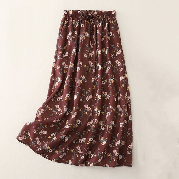 Skirts for Women, Womens Summer Inner Pocket Elastic Waist Lace Printed Cotton and Double Layer A-line Skirt