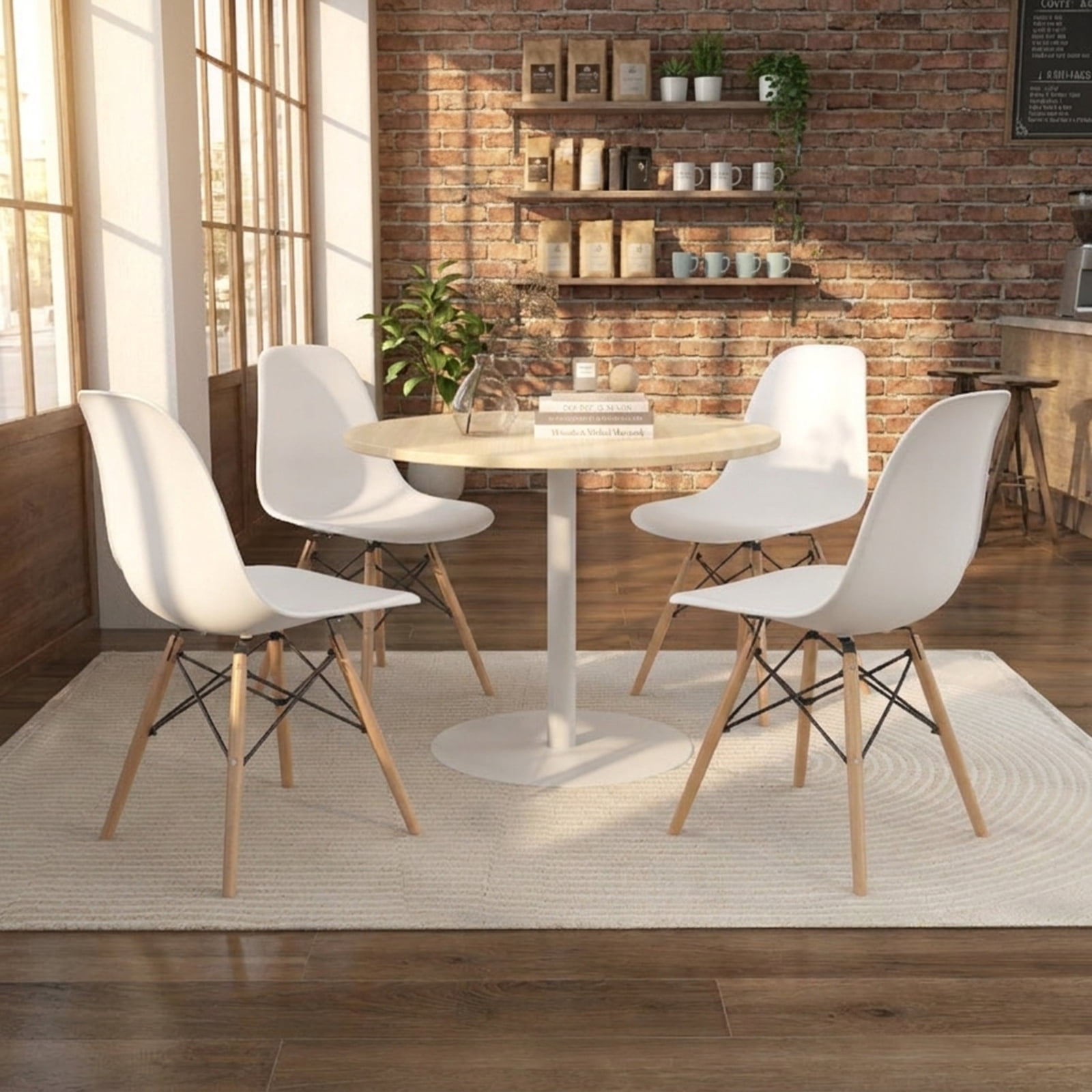 Furnibear Modern Armless Dining Chairs Set of 4 with Molded PP Seat and Solid Beech Wood Legs for Dining Room and Kitchen, White