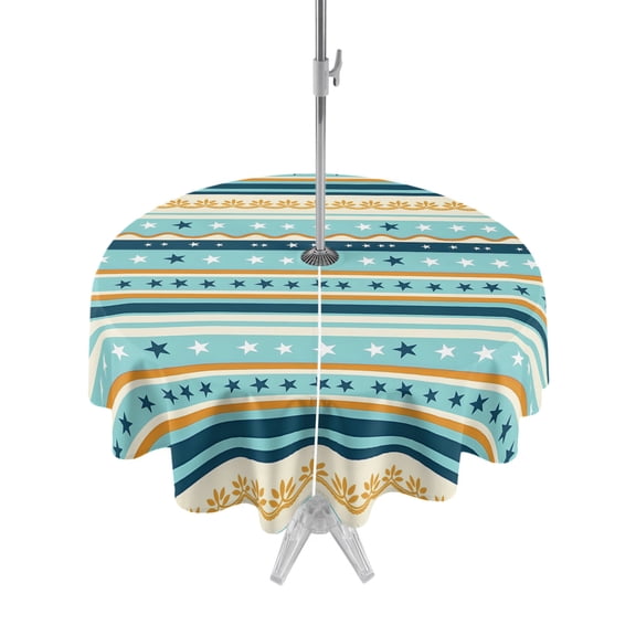 Outdoor Tablecloth with Umbrella Hole Zipper 250 Anniversary Round Tablecloth 60" Waterproof Outside Table Cloth Independence Day Striped Green Boho Floral Patio Table Cover Tablecloths for Picnic