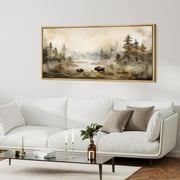 IDEA4WALL Extra Large Framed Canvas Print Wall Art Misty Autumn Forest with Wildlife Artwork Nature Wilderness Vintage Inspired Pastel Antique Fine Art Decor Relax/Calm for Rooms Decor - 60x30