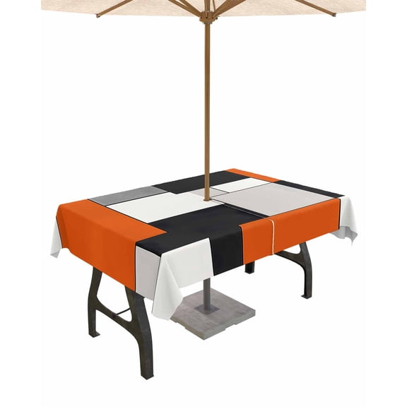 Fsddascl Burnt Orange Black Grey Outdoor Tablecloth - 54x80 Inch Rectangle Dining Table Cover, Modernism Art Geometric Waterproof Outdoor Table Cloth with Umbrella Hole & Zipper for Picnic/Patio
