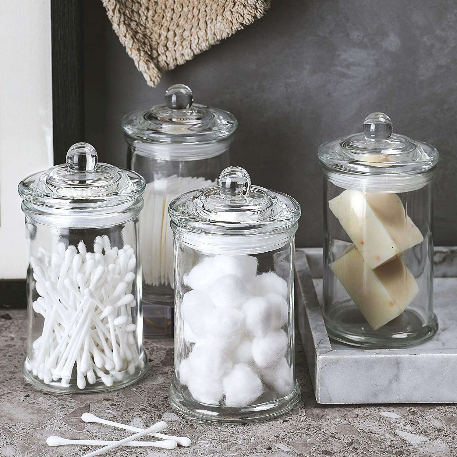 Mini Glass Apothecary Jars-Cotton Jar-Bathroom Storage Organizer Canisters Set of 3