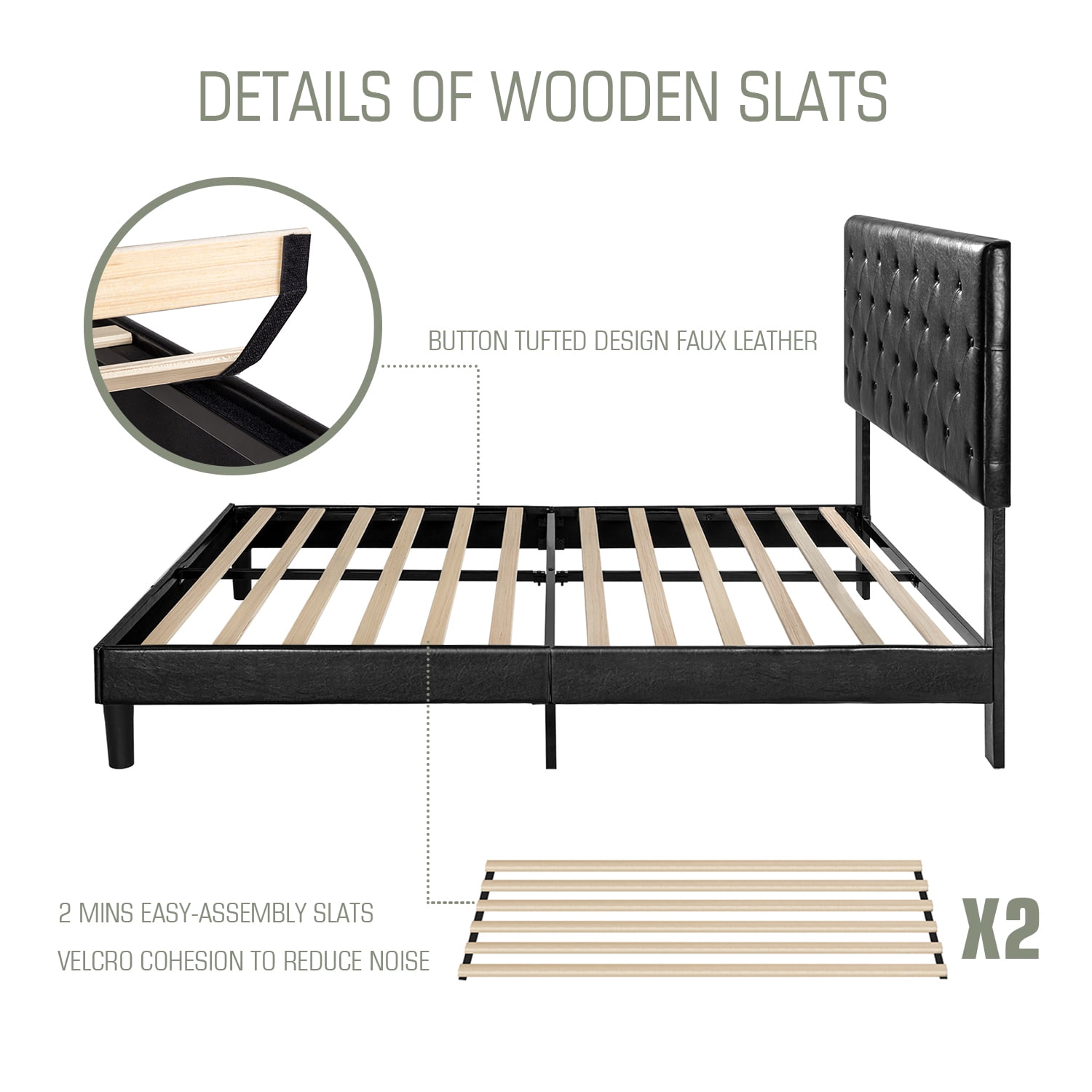 Sha Cerlin King Size Platform bed frame with Adjustable Leather Tufted Headboard, Black