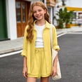 thumbnail image 4 of FAVIPT Outfits for Kids 2 Piece Sets Summer Long Sleeve Collared Button Shirts Drawstring Short Pants Casual Solid Sets Yellow,11 Years, 4 of 9
