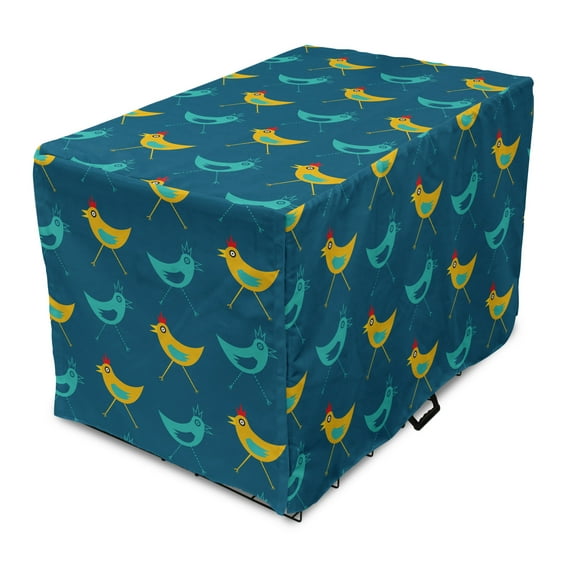 Yellow Bird Dog Crate Cover, Funny Abstract Chickens Pattern, Easy to Use Pet Kennel Cover Small Dogs Puppies Kittens, 7 Sizes, Sea Blue Multicolor, by Ambesonne