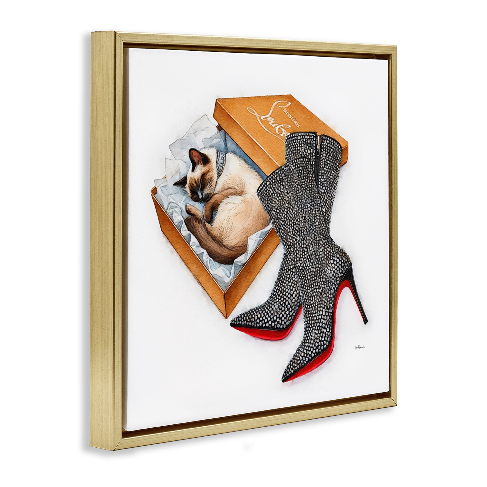 Stupell Industries Stylish Shoebox Cat Animals Painting Gold Floater Framed Canvas Art Print Wall Art, 25 x 25