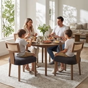 Guyou Modern Rattan Backrest Dining Chairs Set of 2, Mid-century Farmhouse Linen Upholstered Kitchen Chairs Solid Wood Side Chairs for Kitchen Dining Room Living Room, Charcoal