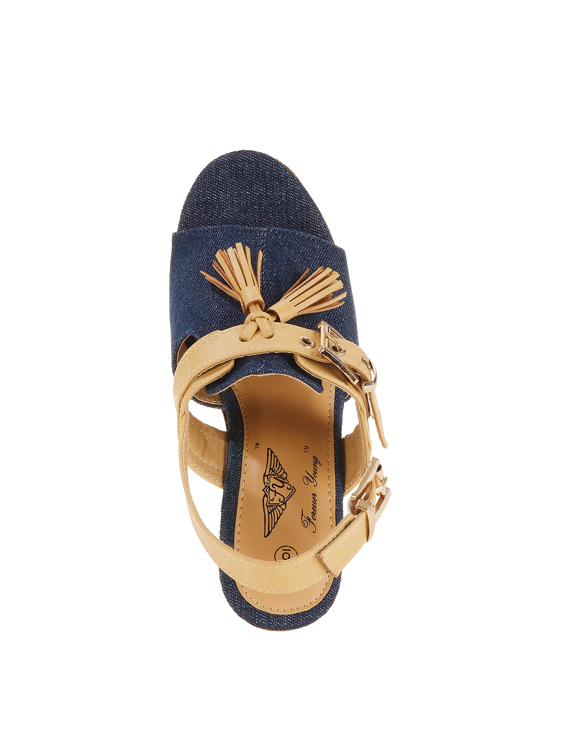 Forever Young Women's Denim Embellishment Wedges with Contrast Straps, Buckles and Tassels