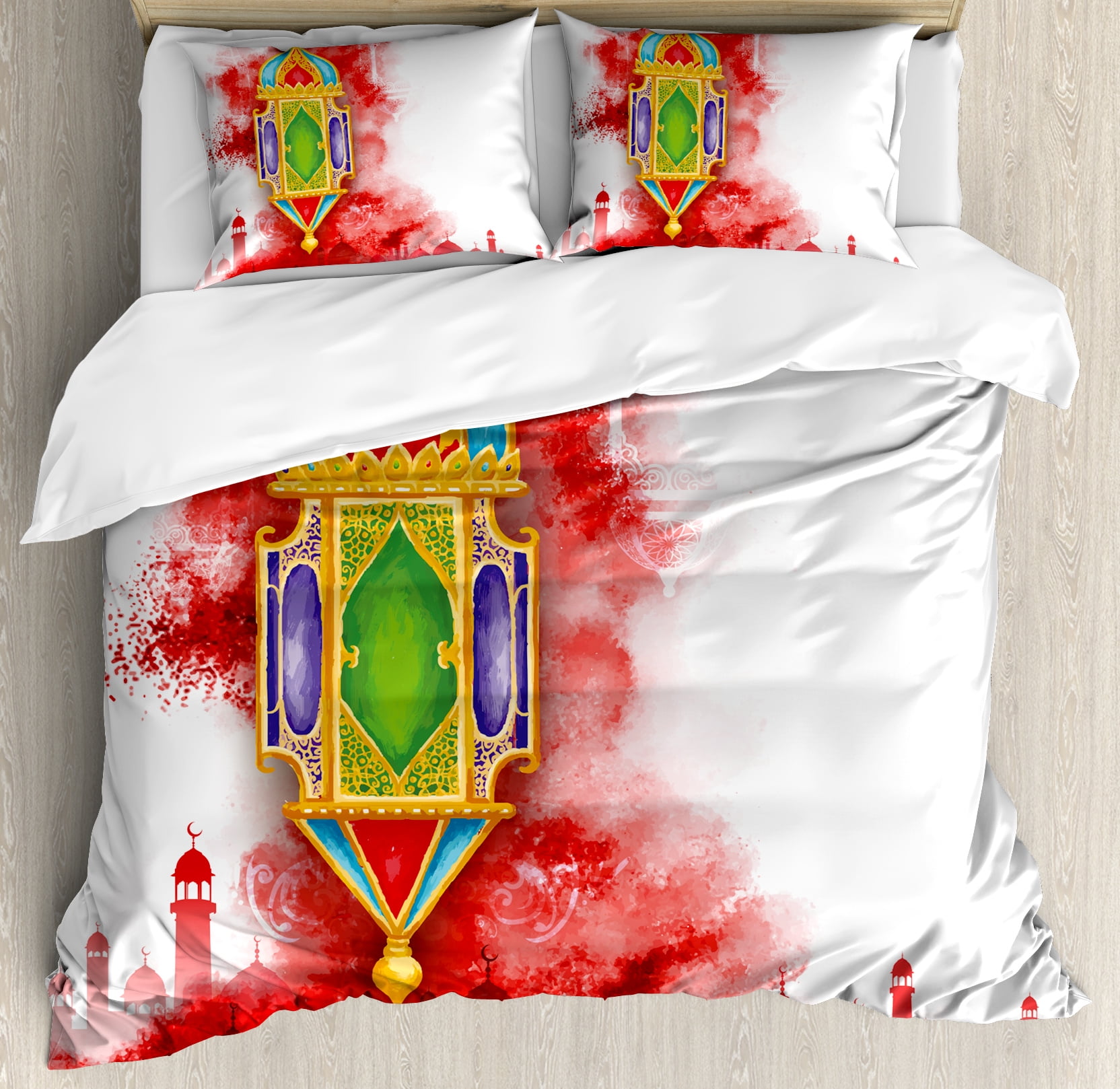 Lantern Queen Size Duvet Cover Set, Greeting of Ramadan Kareem Mosques Crescents... by Kozmos
