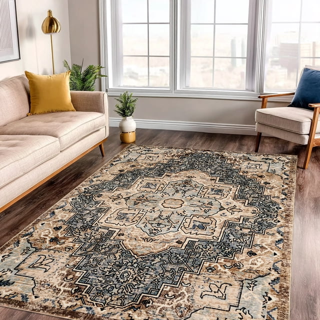 ECARPET Esmira Machine Washable Area Rug, Vintage Persian Medallion Rug, Non-Slip Distressed Boho Carpet for Living Room & Bedroom
